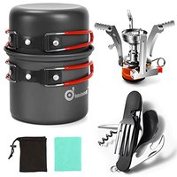 Odoland Camping Cookware Set With Stove for 1-2 People - Portable Campfire Stainless Steel Cook Gear Traveling Cooking Equipment Utensils Outdoor Cook