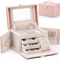 Vlando Large Jewellery Box for Women, High-End PU Leather Mirror Jewellery Boxes with 3 Drawers Jewelry Storage, Earrings, Rings, Necklaces, Bracelets
