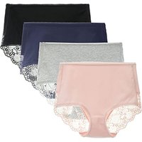 LIQQY Women's 3 or 4 Pack High Waisted Comfort Cotton Lace Coverage Full Rise Briefs Knickers Underwear M Black/Navy/Pink/Heather Gray