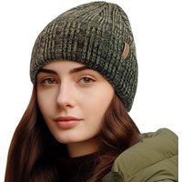 OUTDOOR SHAPING Fleece Lined Knit Cuffed Beanie Winter Hats for Women Men Soft Ski Skull Cap One Size Olive/Black