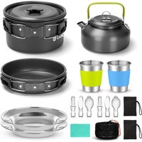 Odoland Camping Cookware Set Non-Stick Pot and Pan Set with Kettle, Stainless Steel Utensils Mess Kit, Cups Plates Knives Spoons Forks for Outdoor Coo