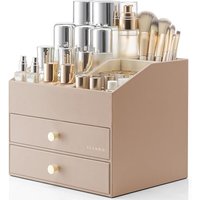 Vlando Makeup Organiser, Faux Leather Cosmetic Organiser with 2 Drawer, Dressing Table Organiser for Lipstick, Jewellery & Skincare Storage,Toffee