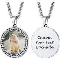 PROSTEEL Personalized Photo Tag Necklace for Women/Men, Full CZ Stone, Engraving Date/Text/Pictures with Chain-Send Gift Box 8-CZ Round-silver