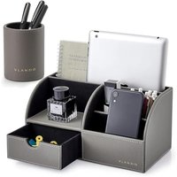 Vlando Desk Organiser with Drawer, Pen Holder, PU Leather Office Stationery Desk Tidy Organiser, Multifunctional Desktop Pen Organiser,Remote Control