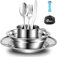Odoland Camping Cutlery Set - Stainless Steel Tableware Mess Kit Includes Plate Cup Fork Spoon, 8 in 1 Flatware Kit with Mesh Bag - Dinnerware Utensil