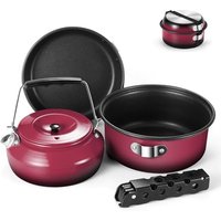 Odoland 5pcs Camping Cookware Mess Kit, Non-Stick Lightweight Pot Pan Kettle Set with a removable handle - Perfect for Backpacking, Camping, Hiking, a