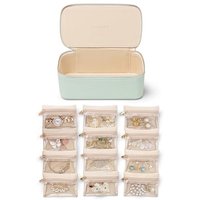 Vlando Travel Jewellery Organiser,PU Leather Jewellery Box with 12 Velvet Jewellery Pouch, Jewellery Case for Necklace,Ring, Gifts for Women, Light Gr