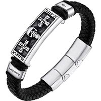 PROSTEEL Men Leather Braided Bracelet, Personalized Black -Send Gift Box engraved-steel-skull