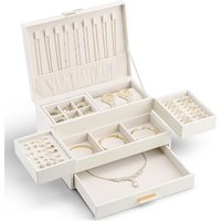 Vlando Jewellery Box, 3 Tier Jewellery Organiser with Drawer, Box & Organiser with Retractable Tray for Necklaces, Rings, Bracelets, Earrings,Cream Wh