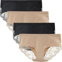 LIQQY Women's Knickers 4 Pack Mid Rise Cotton Lace Full Coverage Brief Hipster Panty Underwear S Black/Nude