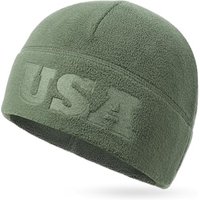 Tactical Beanie Fleece Watch Cap, Embossing USA Multi-Season Army Military Fleece Beanie, Winter Warm Beanie One Size Forest Green