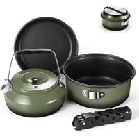 Odoland 5pcs Camping Cookware Mess Kit, Non-Stick Lightweight Pot Pan Kettle Set with a removable handle - Perfect for Backpacking, Camping, Hiking, a