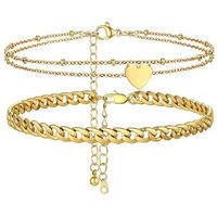 PROSTEEL Anklets Set for Women - Cuban Link/Herringbone/Heart Layered Ankle Bracelets Adjustable Waterproof for Summer Beach Jewellery, Silver/Gold Pl