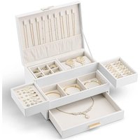 Vlando Jewellery Organiser, 3 Tier Jewellery Box with Drawer, Box & Organiser with Retractable Tray for Necklaces, Rings, Bracelets, Earrings,White