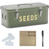 Orionstar Seed Storage Organizer, Metal Seed Saving Box with Lid, Seed Bin with 30 Plant Labels 30 Seed Envelopes 1 Marker Pens, 4 Compartments Box wi
