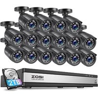 ZOSI 16 Channel Security Camera System, 16CH H.265+ 3K Lite DVR with 2TB HDD and 16Pcs 2MP Outdoor Indoor CCTV Bullet Cameras with 80ft Long Night Vis