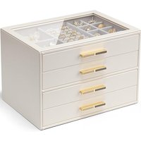 Vlando White Jewellery Box with Glass Lid, 4-Tier Jewellery Organiser, Jewellery Storage with 4 Drawers for Watches,Sunglasses, Gift for Women, For Ri