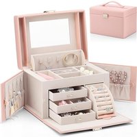 Vlando Large Jewellery Box for Women, High-End PU Leather Mirror Jewellery Boxes with 3 Drawers Jewelry Storage, Earrings, Rings, Necklaces, Bracelets