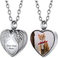 PROSTEEL Customized Photo Memorial Cremation Ashes Urn Pendant Necklace -Stainless Steel Gold Plated Keepsake Jewelry heart wing-silver