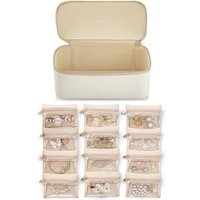 Vlando Travel Jewellery Organiser,PU Leather Jewellery Box with 12 Velvet Jewellery Pouch, Jewellery Case for Necklace,Ring, Gifts for Women, White-L