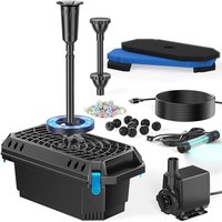POPOSOAP Pond Filter with U-V Clarifier, 2500 L/h Pond Pump and Filter Kit with RGB LED Lights, All-in-One Pond Fountain for Outdoor Ponds up to 6000