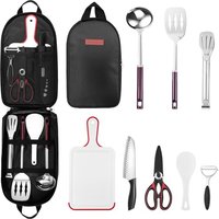 Odoland Camping Kitchen Utensil Organizer Travel Set with Tongs, Scissors, Cutting Board, Peeler, Rice Paddle and Water Resistant Case for Indoor Dail