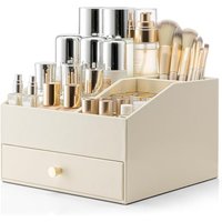 Vlando Makeup Organiser, Faux Leather Cosmetic Organiser with Drawer, Dressing Table Organiser for Lipstick, Jewellery & Skincare Storage, Cream White