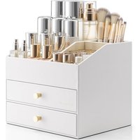 Vlando Makeup Organiser, Makeup Storage with 2 Drawer, Dressing Table Organiser for Lipstick, Jewellery & Skincare Storage, Pure White Cream White