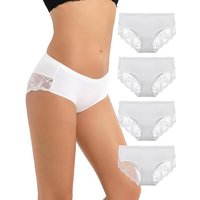 LIQQY Women's Knickers 4 Pack Mid Rise Cotton Lace Full Coverage Brief Hipster Panty Underwear S White