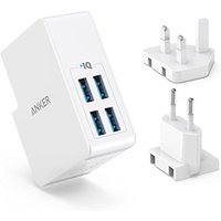 Anker USB Plug 5.4A/27W 4-Port, Wall Charger, PowerPort 4 Lite with Interchangeable UK and EU Travel Charger, Adapter for iPhone XS/XS Max/XR/X/8,Gala