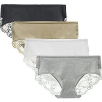 LIQQY Women's 4 Pack Cotton Mid Rise Full Coverage Lace Hipster Brief Panty Knicker Underwear XL Black/Nude/Grey/White