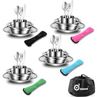 Odoland Camping Cutlery Set - Stainless Steel Tableware Mess Kit Includes Plate Cup Fork Spoon, 8 in 1 Flatware Kit with Mesh Bag - Dinnerware Utensil