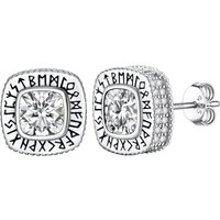 PROSILVER Men Viking Rune Stud Earrings, 925 Sterling Silver Cubic Zirconia Earrings-Send Gift Box C-White-Square