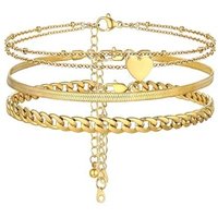 PROSTEEL Anklets Set for Women - Cuban Link/Herringbone/Heart Layered Ankle Bracelets Adjustable Waterproof for Summer Beach Jewellery, Silver/Gold Pl