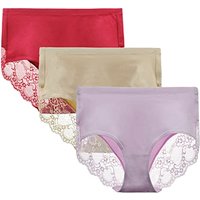 LIQQY Lace Knickers for Women Multipack Cotton Underwear Lace Full Coverage Briefs Panties Pack of 4 M Red/Nude/Liac Chiffonn