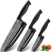 Gourmetop Kitchen Knife Set with Cover, 3 Piece Black Kitchen Knives Set, Small Stainless Steel Chef Knives with Sheath, Damascus Pattern Kitchen Shar