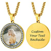 PROSTEEL Personalized Photo Tag Necklace for Women/Men, Full CZ Stone, Engraving Date/Text/Pictures with Chain-Send Gift Box 8-cz Round-gold
