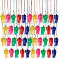 THE TWIDDLERS 120 Neon Whistles with String Lanyards in Assorted Colours, Bulk Plastic Multipack Whistles for Kids Parties, Adults & Football Sports E