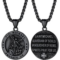 PROSTEEL Men Stainless Steel Saint Michael Necklace, Can Engrave, Gold Plated/Black-Send Gift Box Engrave-circle-black