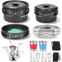 Odoland Camping Cookware Set with Pots and Frying Pan Cup Plates Folding Cutlery Gavette for 1-2 People Lightweight and Compact for Camping Trekking P
