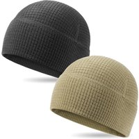 2 Pack Grid Fleece Beanie Watch Cap Waffle Tactical Beanie Multi-Season Army Military Fleece Hat, All Weather Gear One Size-M Black/Olive