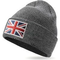 Outdoor Shaping UK Flag Embroidered Knit Cuffed Beanie for Men Women Tactical Winter Warm Hat Dark Charcoal& Grey Marled