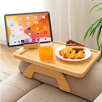SITREMEN Bamboo Sofa Arm Tray with Rotating Mobile Holder, Stable Couch Armrest, Clip-On Sofa Tray Table for Wide Couches, Foldable Arm Clip Table for
