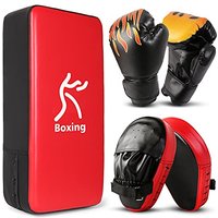 Odoland 3-in-1 Boxing Gloves Punching Mitts Kick Pack Set for Kids, Boxing Mitts Focus Pads, Taekwondo Kick Pad, Kids Boxing Gloves for Boxing Red Gol