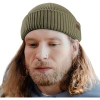 Outdoor Shaping Merino Wool Short Fisherman Beanies for Men Women, Knit Cuff Trawler Beanie Cap, Winter Warm Daily Hat One Size Army Green