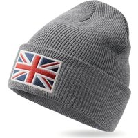 Outdoor Shaping UK Flag Embroidered Knit Cuffed Beanie for Men Women Tactical Winter Warm Hat Mid Charcoal& Grey Marled