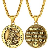 PROSTEEL Men Stainless Steel Saint Michael Necklace, Can Engrave, Gold Plated/Black-Send Gift Box Engrave-circle-golden