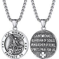 PROSTEEL Men Stainless Steel Saint Michael Necklace, Can Engrave, Gold Plated/Black-Send Gift Box Engrave-circle-stainless