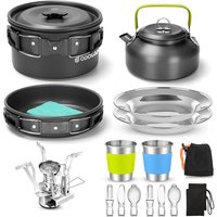 Odoland Camping Cookware Set Non-Stick Pot and Pan Set with Kettle, Stainless Steel Utensils Mess Kit, Cups Plates Knives Spoons Forks for Outdoor Coo