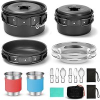 Odoland Camping Cookware Set with Pots and Frying Pan Cup Plates Folding Cutlery Gavette for 1-2 People Lightweight and Compact for Camping Trekking P